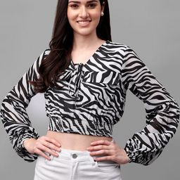 Masakali Co White & Black Animal Print Tie-Up Neck Georgette Crop Top-picture-10