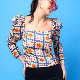 SCORPIUS Print Puff Sleeve Georgette Crop Top-picture-5