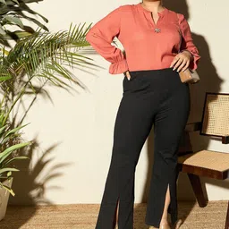 CURVE BY KASSUALLY Rust Brown Plus Size Mandarin Collar Bell Sleeve Crepe Top-79