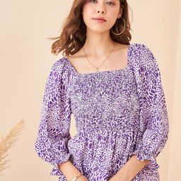 Kibo Abstract Print Smocking Puff Sleeve Peplum Top-image-4