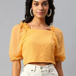 plusS Yellow Self Design Puff Sleeves Crop Top-image-59