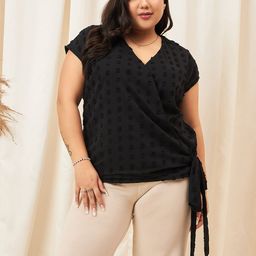 Berrylush Curve Plus Size Black Self Design V-Neck Extended Sleeves Wrap Top image 1