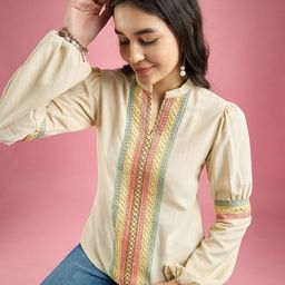 DressBerry Women Geometric Mandarin Collar Puff Sleeve Top-image-49