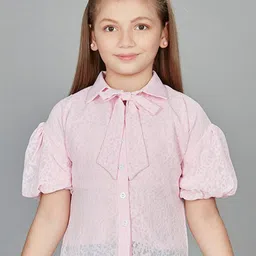 Peppermint Girls Self Design Tie-Up Neck Puff Sleeve Shirt Style Top-picture-40