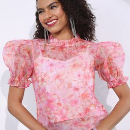 Tokyo Talkies Red Floral Printed Puff Sleeve Organza Top-image-11
