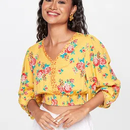 Global Desi Floral Printed Puff Sleeves Crop Blouson Top-image-63