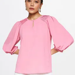 AND Keyhole Neck Puff Sleeves Pleated Top-image-72