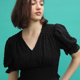 Tokyo Talkies Black Self Design Puff Sleeves Smocked Crop Regular Top-picture-5