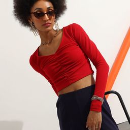 Veni Vidi Vici Red V-Neck Long Sleeves Ruched Crop Top-image-38