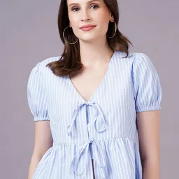 MINGLAY Striped Puff Sleeve Cinched Waist Top-picture-41
