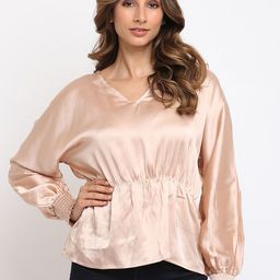 am ma Peach-Coloured Bishop Sleeves Cinched Waist Top-image-9