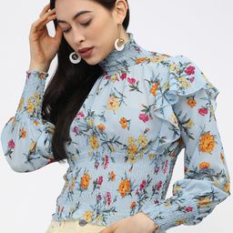 Tokyo Talkies Blue & Yellow Floral Print Cinched Waist Top-image-33