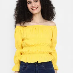 V-Mart Yellow Off-Shoulder Cotton Puff Sleeves Cinched Waist Top-picture-56