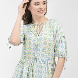 Crimsoune Club Floral Printed Tie-Up Neck Cotton Cinched Waist Top-image-48