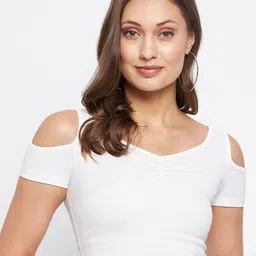 LE BOURGEOIS Round Neck Cold-Shoulder Sleeves Fitted Crop Top-picture-11