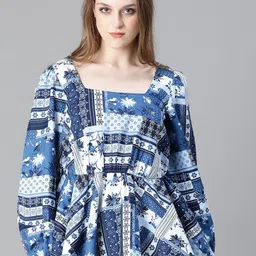 Oxolloxo Ethnic Motif Printed Square Neck Organic Cotton Peplum Top-image-43