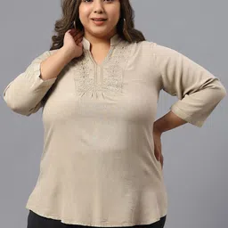SAAKAA Plus Size Floral Embroidery Mandarin Collar Cotton Regular Top-4