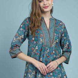 all about you Teal Blue Floral Printed Mandarin Collar Cotton Top-image-90