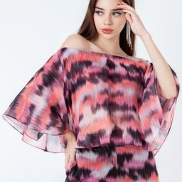 Zink London Abstract Print Off-Shoulder Flared Sleeve Bardot Top-29
