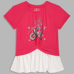 Blue Giraffe Girls Pink & White Printed Pure Cotton Top-image-70
