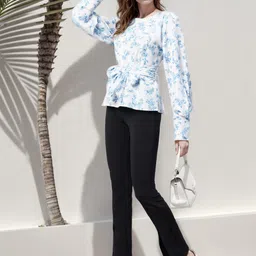 RARE Blue Floral Printed Cuffed Sleeves Tie-Ups Top-picture-50