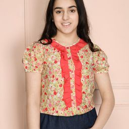 LilPicks Girls Beige & Red Floral Print Ruffled Top-picture-6