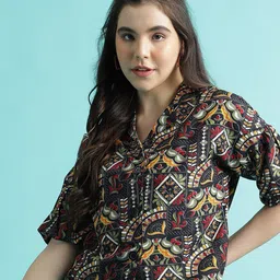 DressBerry Black Ethnic Motifs Printed Shirt Collar Puff Sleeve Shirt Style Top-image-83