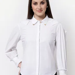 BLANC9 White Solid Shirt Style Pure Cotton Top-22