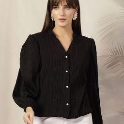 plusS Women Solid Mandarin Collar Long Sleeves Shirt Style Top-55