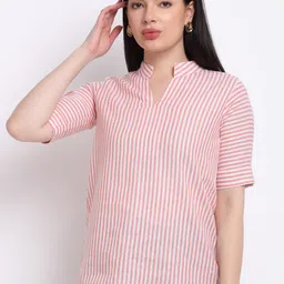 Aarsha Women Pink & White Striped Mandarin Collar Shirt Style Top-picture-25