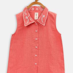 SCOUP Sleveeless embroidered  Shirt collor cotton Shirt Style Top-image-74
