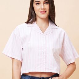 Globus White & Pink Striped Pure Cotton Shirt Style Crop Top-picture-9