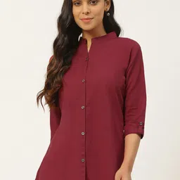 KALINI Mandarin Collar Roll Up Sleeves Cotton Shirt Style Top-picture-34
