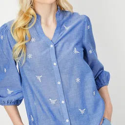 max Floral Embroidered Mandarin Collar Pure Cotton Shirt Style Top-picture-22