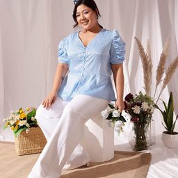 CURVY STREET V-Neck Puff Sleeves Jacquard satin Shirt Style Top-image-20