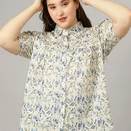Curvy Lane Plus Size Floral Printed Shirt Collar Puff Sleeve Pleated Shirt Style Top-49