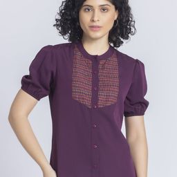 SHAYE Mandarin Collar Puff Sleeve Crepe Shirt Style Top-image-45