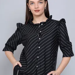 Baawri Striped Mandarin Collar Puff Sleeve Crepe Shirt Style Top-picture-52