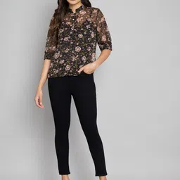 Amagyaa Floral Printed Mandarin Collar Sheer Top-image-41