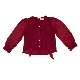 Peppermint Girls Vertical Striped Tie Up Neck Cuffed Sleeve Net Shirt Style Top-picture-6