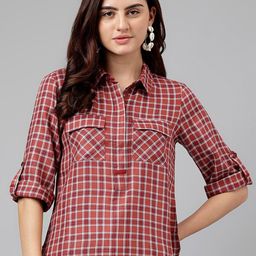 Latin Quarters Checked Shirt Collar Roll-Up Sleeves Shirt Style Top-image-67