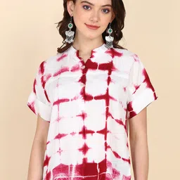 Maaesa Tie and Dye Mandarin Collar Bohemian Crepe Shirt Style Top-image-97