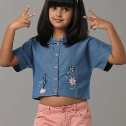 UNDER FOURTEEN ONLY Girls Floral Embroidered Crop Cotton Denim Shirt Style Top-picture-35