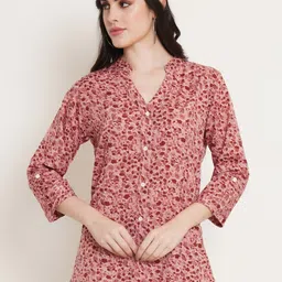 U&F Beyond Floral Printed Mandarin Collar Shirt Style Longline Top-14