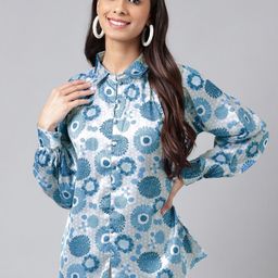 Janasya Floral Print Satin Shirt Style Top-image-86
