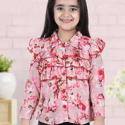 Cutiekins Peach & Red Floral Printed Ruffles Crepe Shirt Style Top-picture-6