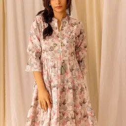 Ishin Floral Printed Mandarin Collar Embroidered A-Line Above Knee Length Dress-image-48