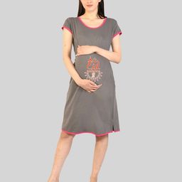 SillyBoom Women Printed Round Neck Maternity Night Dress-image-100