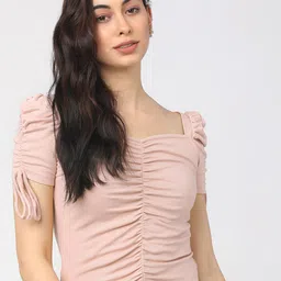 Tokyo Talkies Pink Solid Sweetheart Neck Regular Top-image-47