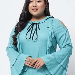 BEYOUND SIZE - THE DRY STATE Women Plus Size Blue Tie-Up Neck Ruffles Top-8